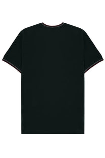 Fred Perry men’s black short-sleeved shirt with dark red trim on neckline and sleeve hems in green collection