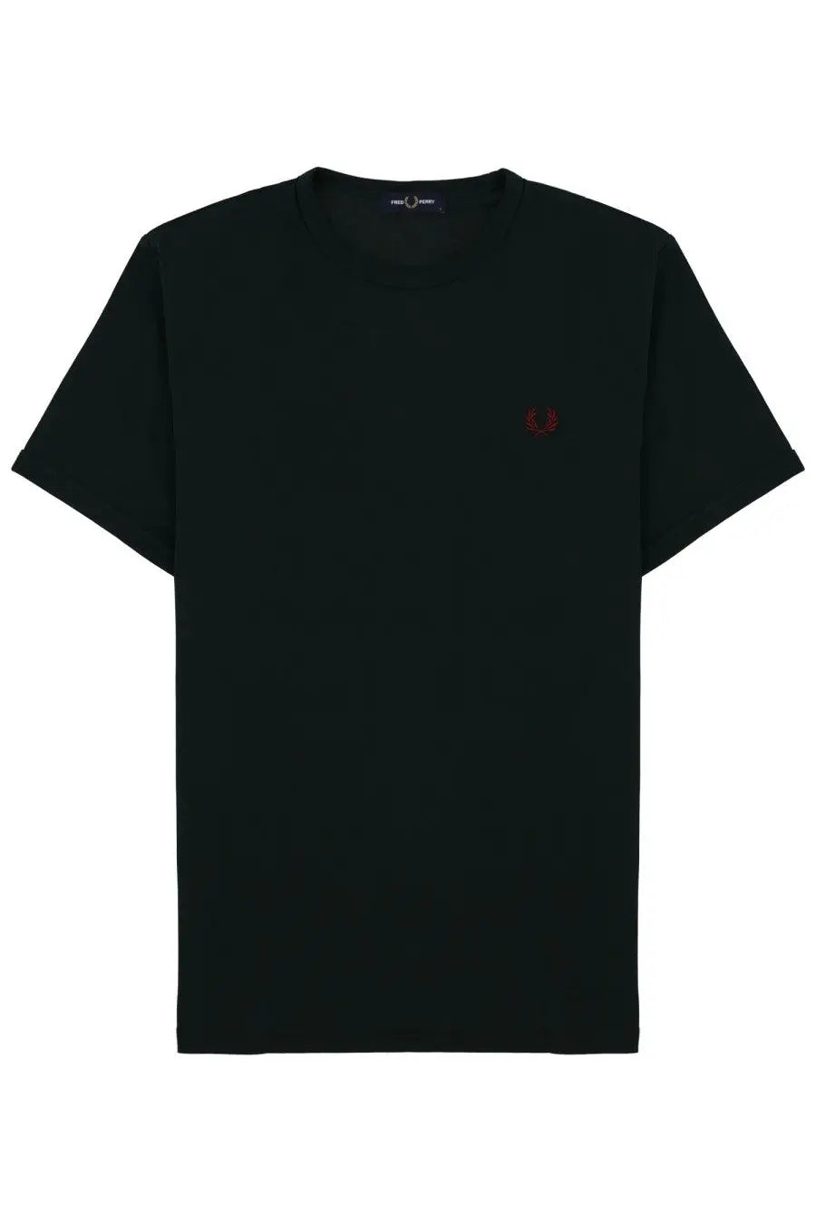 Black fred perry t-shirt featuring a small red embroidered logo on the left chest for men’s casual wear