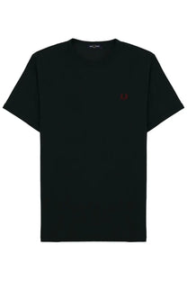 Black fred perry t-shirt featuring a small red embroidered logo on the left chest for men’s casual wear