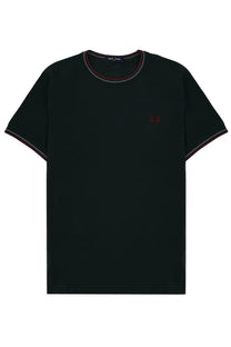 Black fred perry men’s t-shirt with red and white trim and small embroidered logo on the left chest