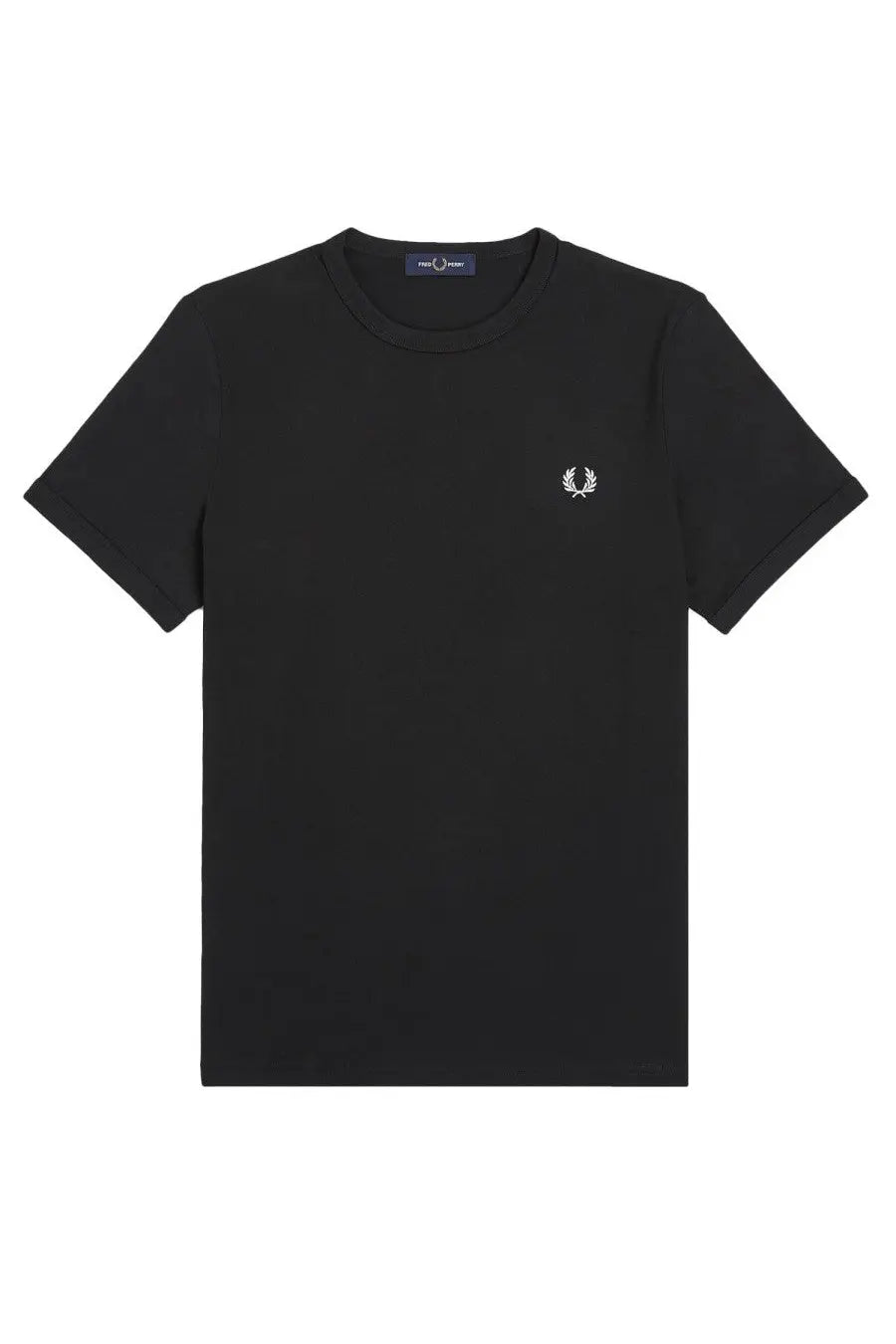 Fred Perry men’s black short-sleeved cotton t-shirt with white embroidered laurel wreath logo on left chest