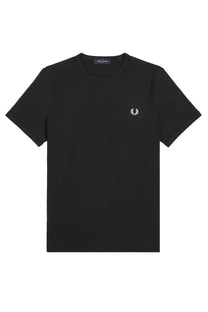 Fred Perry men’s black short-sleeved cotton t-shirt with white embroidered laurel wreath logo on left chest