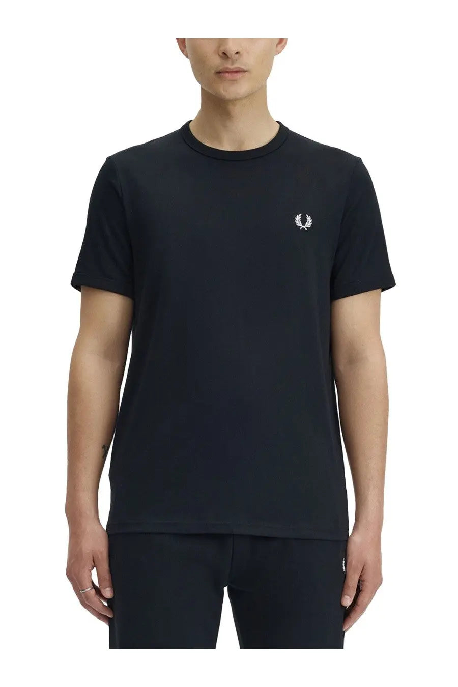 Black fred perry men’s ringer t-shirt in cotton with white embroidered laurel wreath logo on left chest