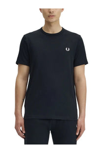Black fred perry men’s ringer t-shirt in cotton with white embroidered laurel wreath logo on left chest