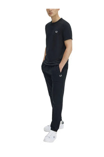 Black Fred Perry men’s ringer t-shirt with white embroidered laurel wreath logo on the chest in cotton blend material
