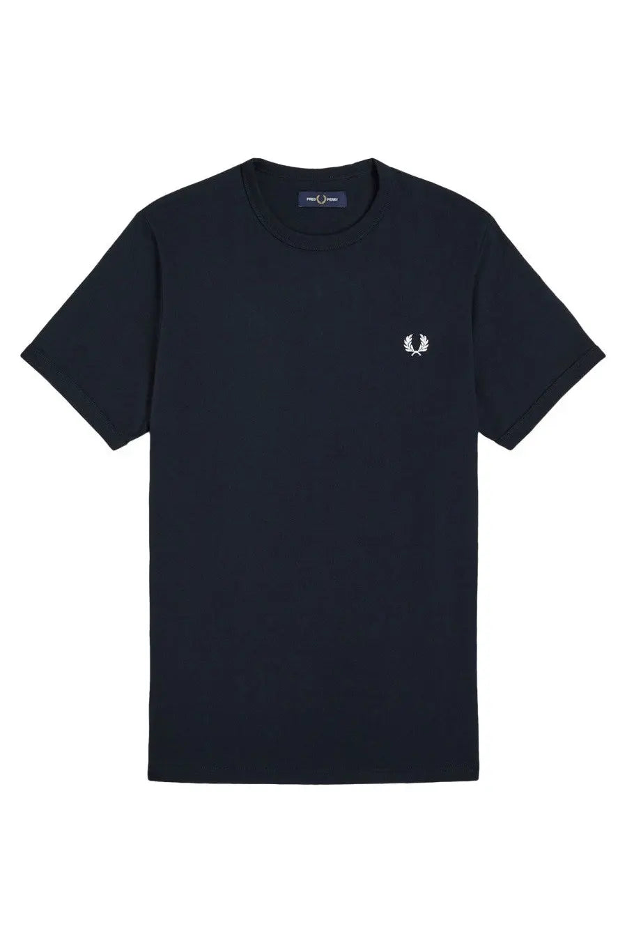 Black fred perry t-shirt with white embroidered laurel wreath logo on left chest from fred perry men’s shirt ringer con blue