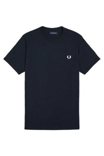 Black fred perry t-shirt with white embroidered laurel wreath logo on left chest from fred perry men’s shirt ringer con blue