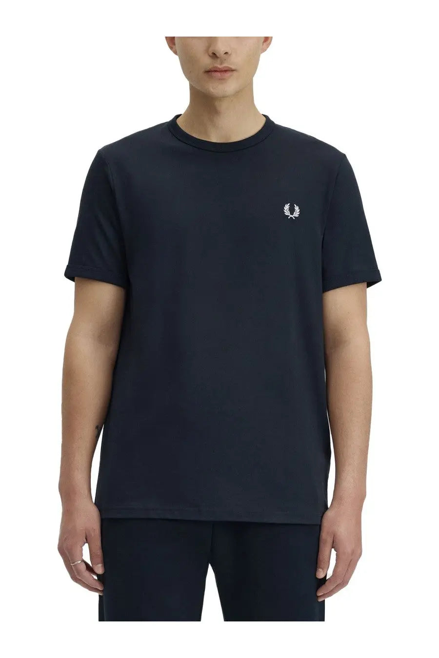 Navy blue Fred Perry men’s cotton t-shirt with white embroidered laurel wreath logo on left chest ringer style