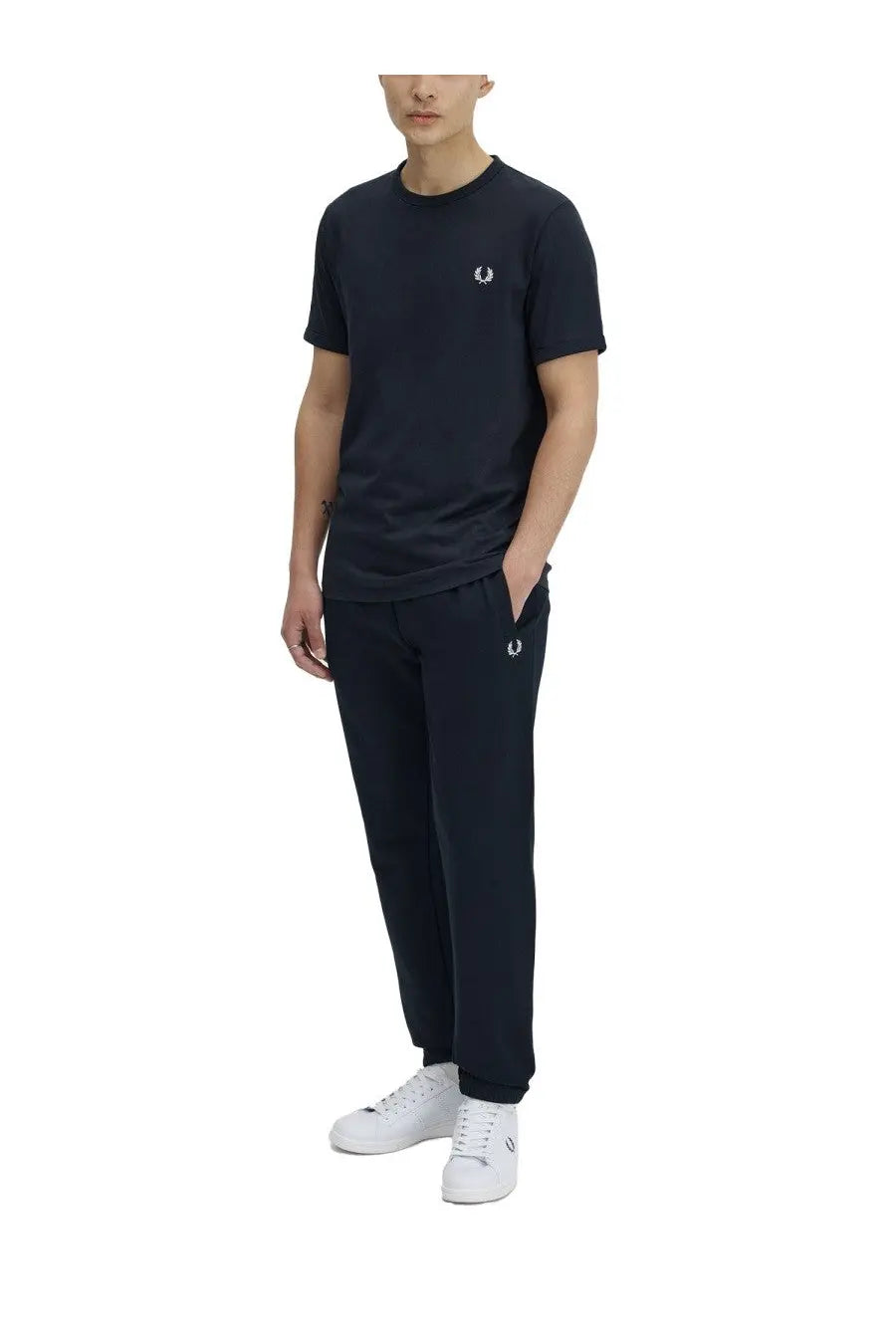 Navy blue Fred Perry men’s ringer t-shirt with white embroidered logo on chest in soft cotton material