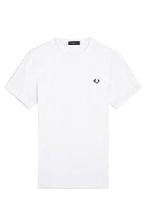 Fred Perry men’s white ringer t-shirt with black embroidered laurel wreath logo on left chest front