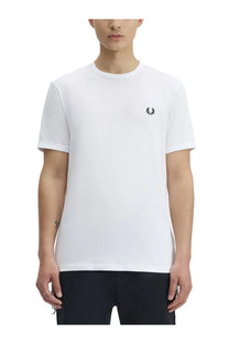 Fred Perry men’s white ringer t-shirt with black embroidered laurel wreath logo on the left chest