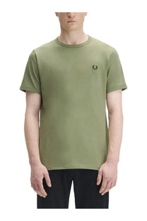 Fred Perry men’s olive green cotton t-shirt with a small black embroidered laurel wreath logo on the left chest