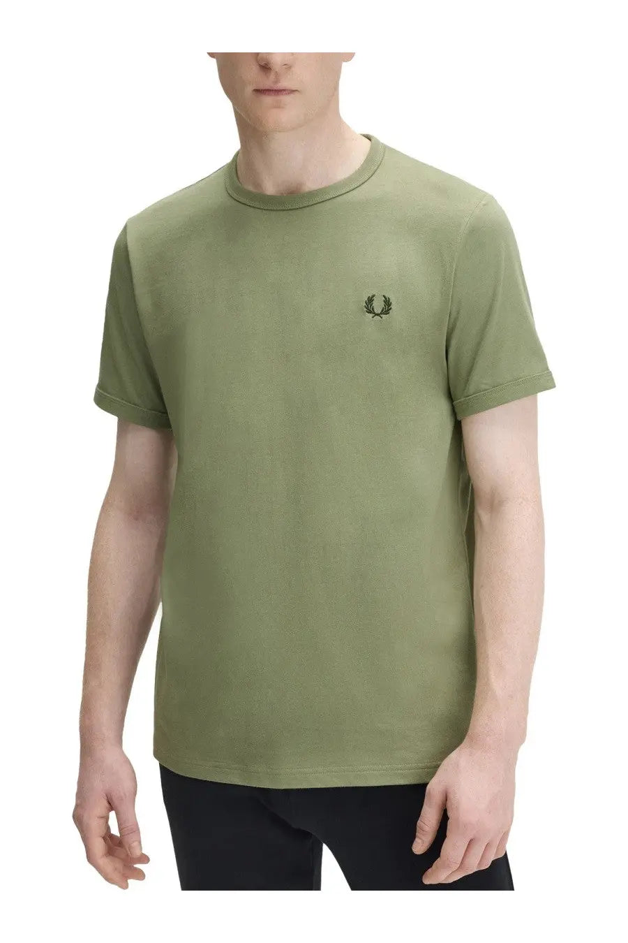 Fred perry men’s short-sleeved olive green shirt ringer with small embroidered laurel wreath logo on left chest