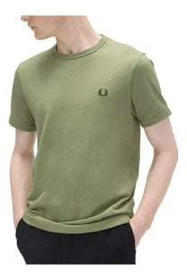 Fred Perry men’s olive green short-sleeved crew neck t-shirt with small embroidered laurel wreath logo on left chest