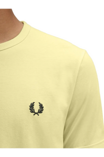 Fred perry men’s pale yellow short-sleeved ringer t-shirt with black embroidered laurel wreath logo on left chest