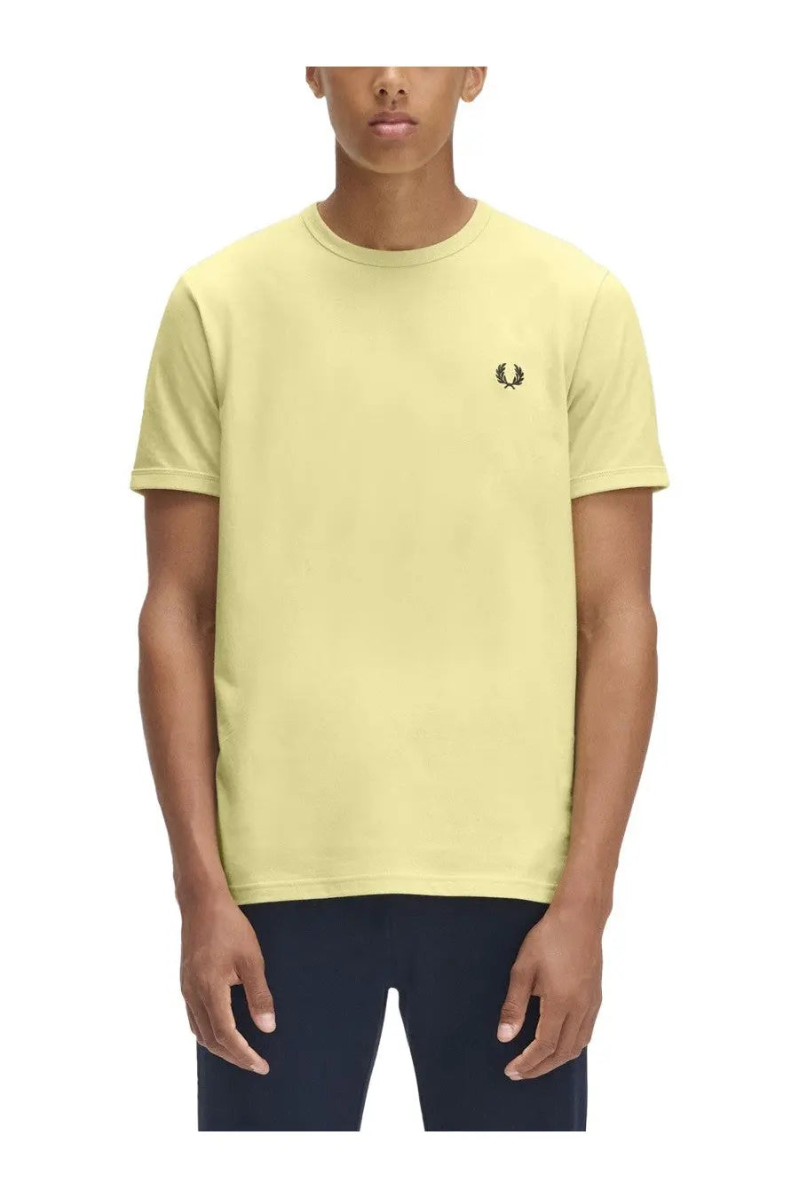 Fred Perry men’s pale yellow short-sleeved shirt ringer with small black embroidered logo on left chest