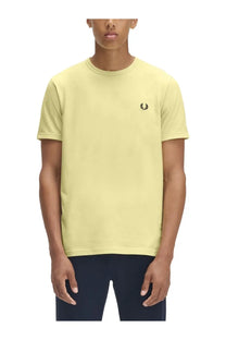 Fred Perry men’s pale yellow short-sleeved shirt ringer with small black embroidered logo on left chest