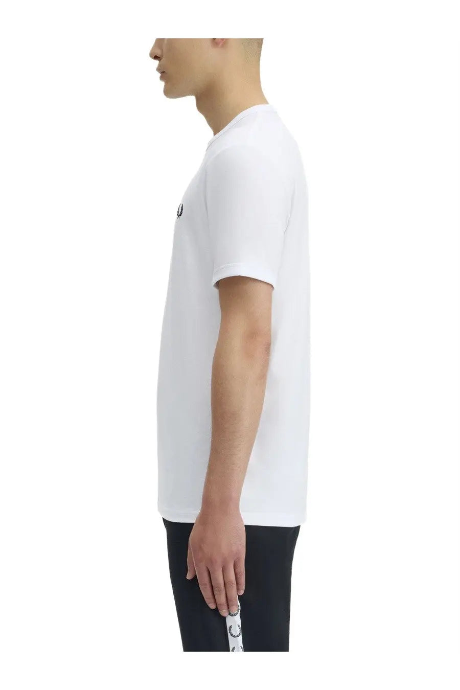 Fred Perry men’s white cotton t-shirt with a small black logo on the left chest for casual wear