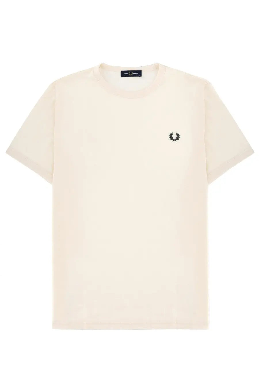 Cream-colored cotton Fred Perry men’s t-shirt with a small black embroidered laurel wreath logo on the left chest