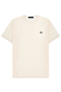 Cream-colored cotton Fred Perry men’s t-shirt with a small black embroidered laurel wreath logo on the left chest