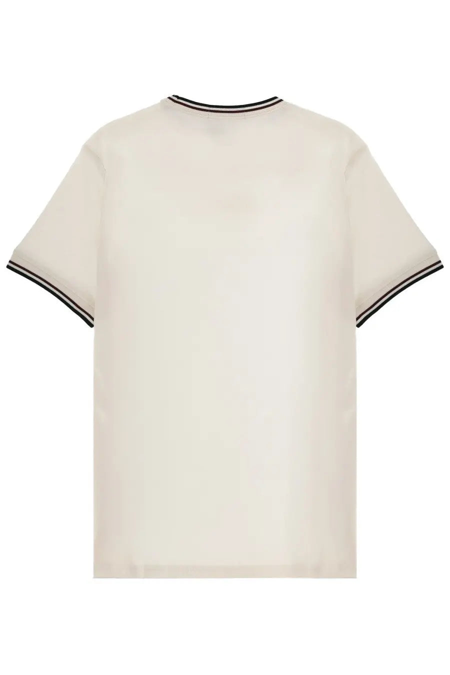 Fred Perry men’s cream cotton t-shirt with black ribbed trim on neckline and sleeve cuffs