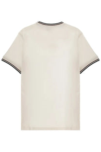 Fred Perry men’s cream cotton t-shirt with black ribbed trim on neckline and sleeve cuffs
