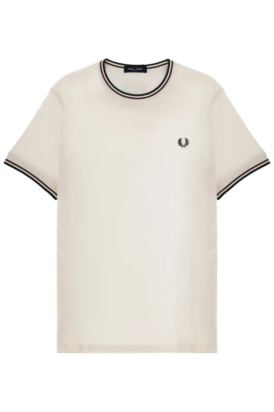 Fred Perry men’s shirt white cream t-shirt with black ribbed trim and embroidered laurel wreath logo on chest