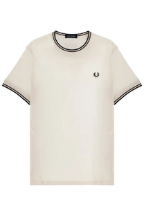 Fred Perry men’s shirt white cream t-shirt with black ribbed trim and embroidered laurel wreath logo on chest