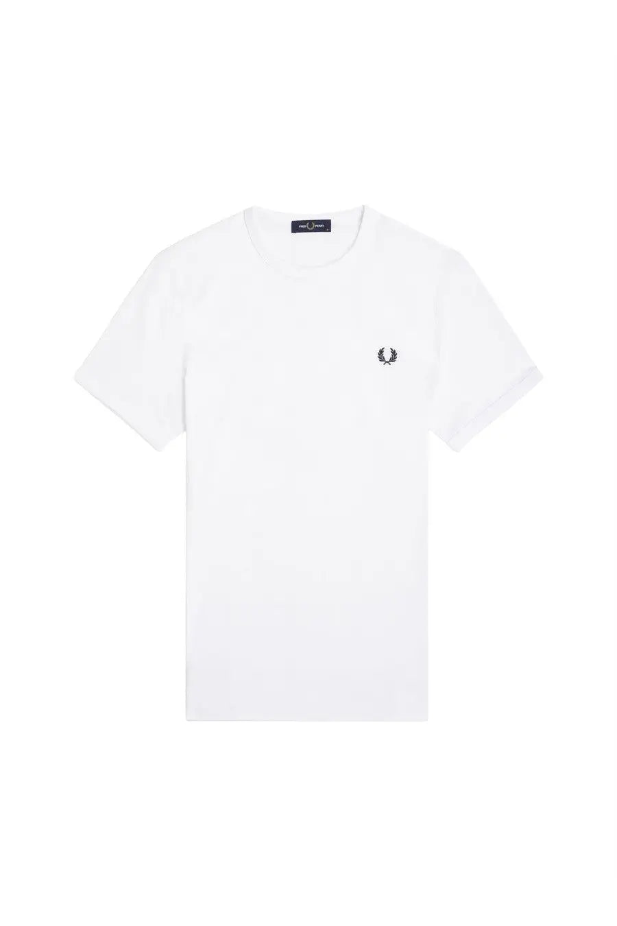 Fred Perry men’s white short-sleeved t-shirt with black embroidered laurel wreath logo on left chest