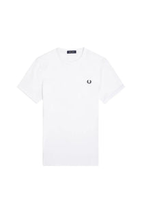 Fred Perry men’s white short-sleeved t-shirt with black embroidered laurel wreath logo on left chest
