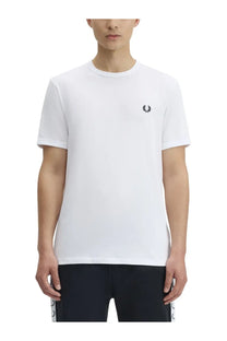 Fred Perry men’s white t shirt with black embroidered laurel wreath logo on the left chest in cotton material