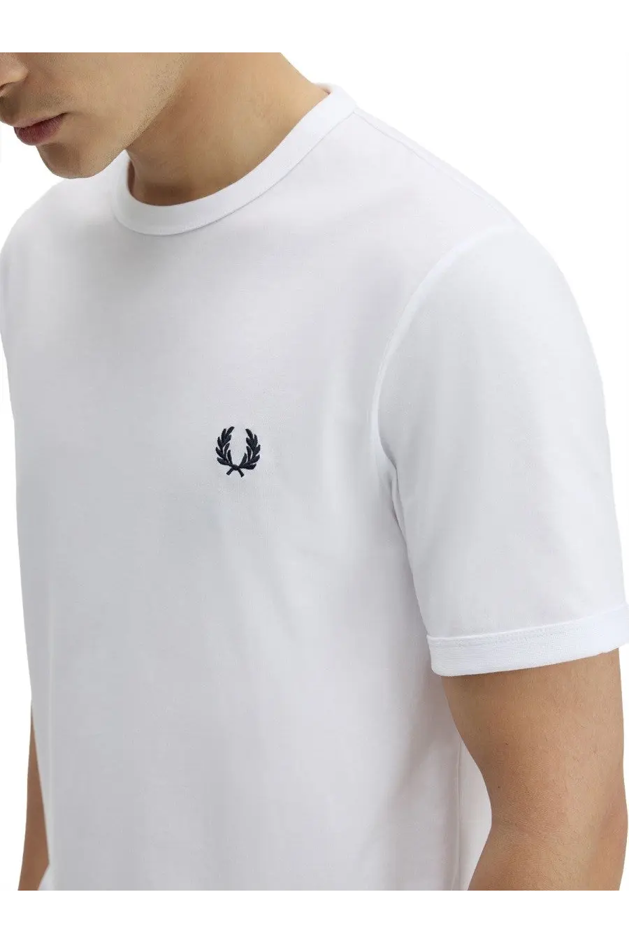Fred Perry men’s white t shirt with navy blue embroidered laurel wreath logo on the left chest front