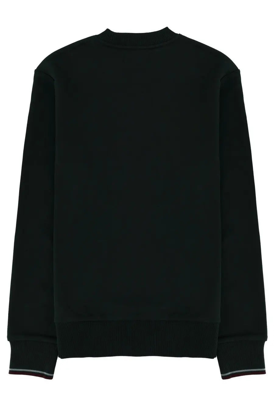 Fred Perry men’s black crewneck sweatshirt with subtle gray and maroon trim at cuffs, casual cotton blend design