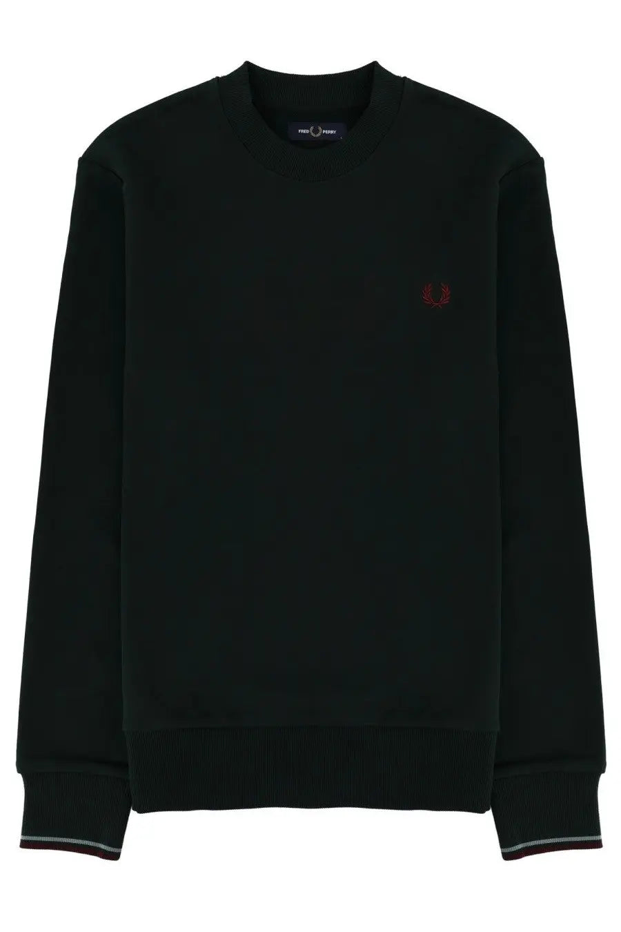 Fred Perry men’s black sweatshirt with small red embroidered logo and white trim on cuffs, casual cotton material