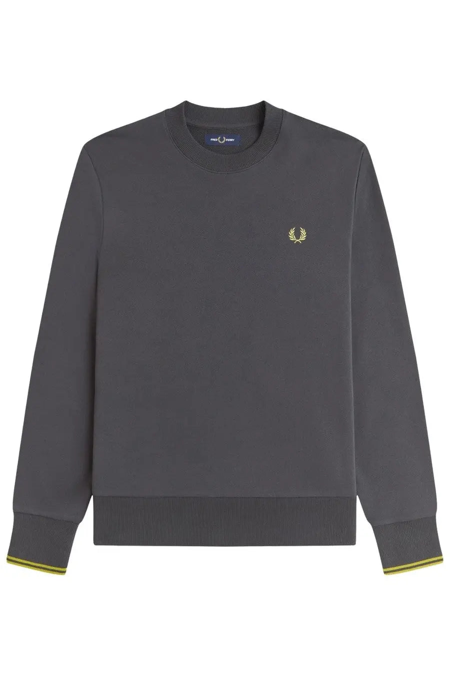Fred Perry men’s dark gray sweatshirt with small gold laurel wreath logo and yellow trim on cuffs