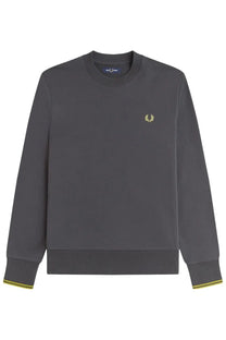Fred Perry men’s dark gray sweatshirt with small gold laurel wreath logo and yellow trim on cuffs