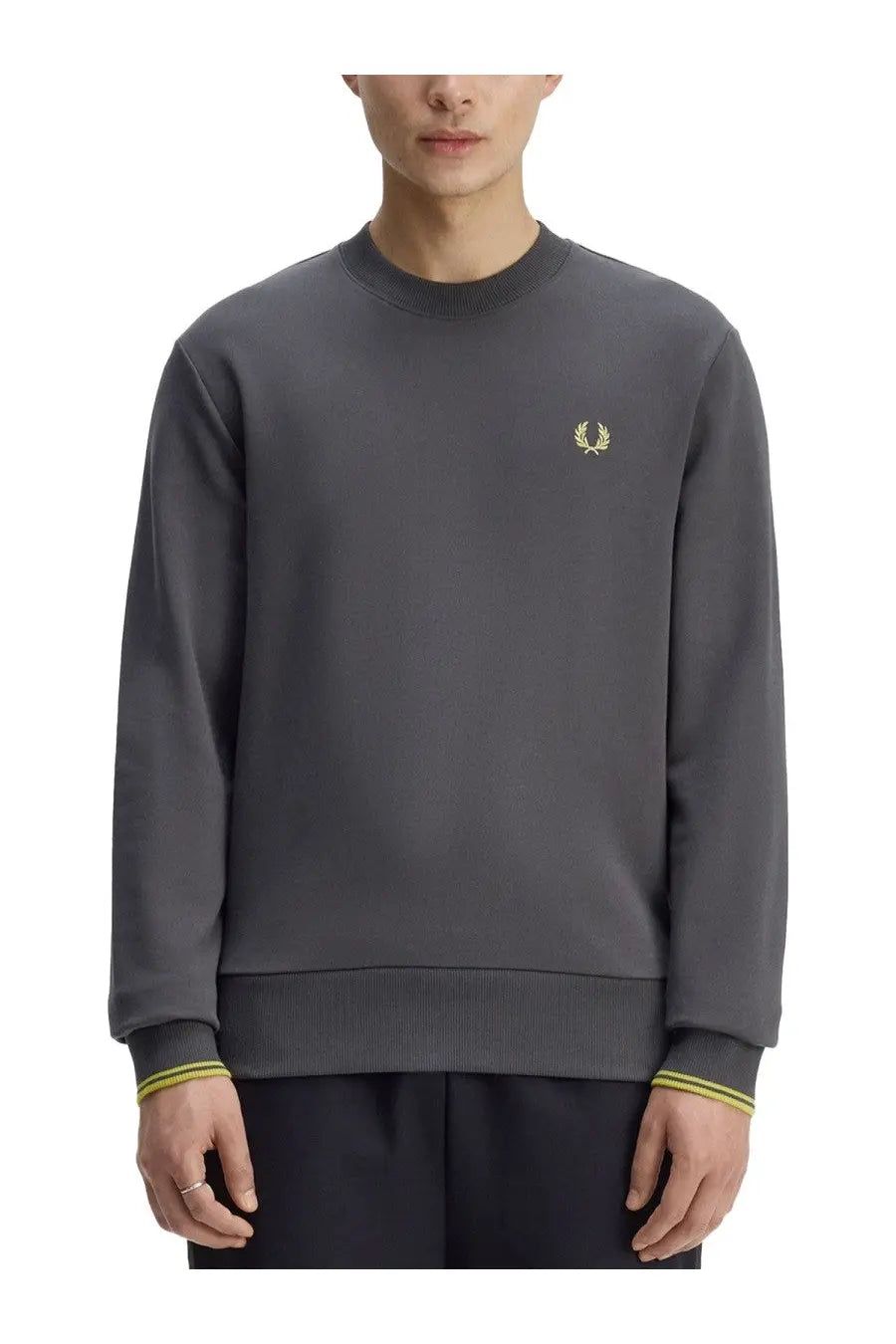 Fred Perry men’s dark gray crewneck sweatshirt with gold laurel wreath logo and yellow trim on cuffs