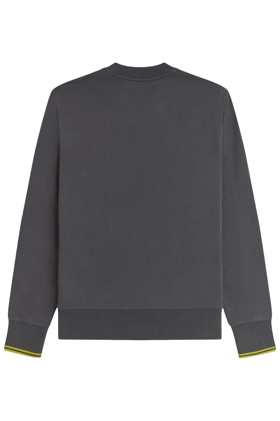 Fred Perry men’s grey crewneck sweatshirt with subtle yellow trim on cuffs and hem in soft fabric