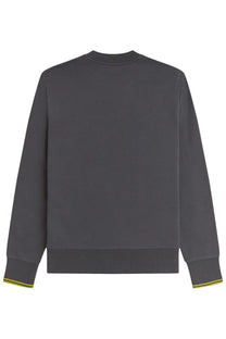 Fred Perry men’s grey crewneck sweatshirt with subtle yellow trim on cuffs and hem in soft fabric