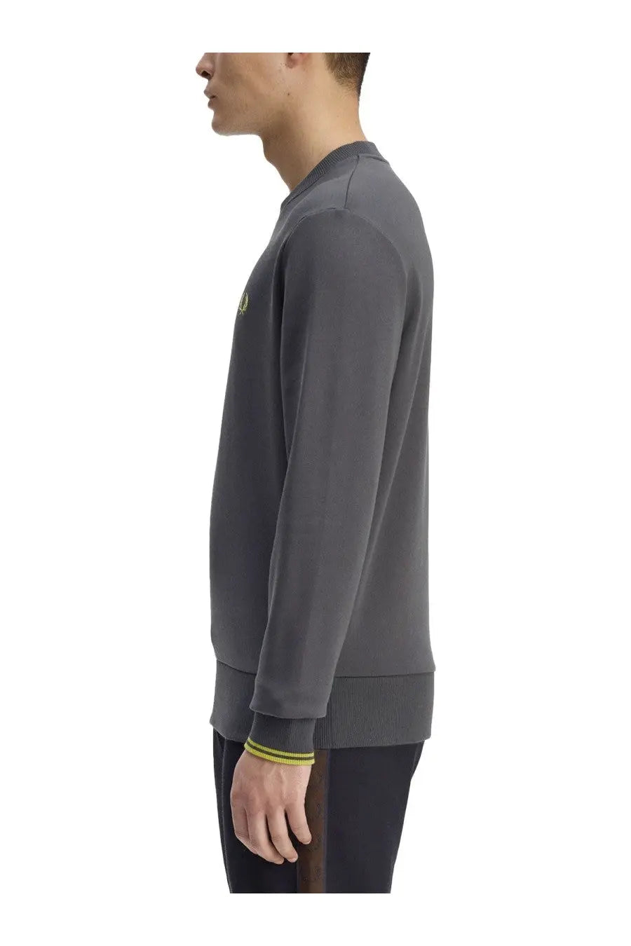 Fred Perry men’s dark gray crewneck sweatshirt with subtle yellow logo and matching yellow cuff trim