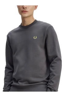 Fred perry men’s dark gray long-sleeved sweatshirt with ribbed crew neck cuffs and gold laurel wreath logo on chest