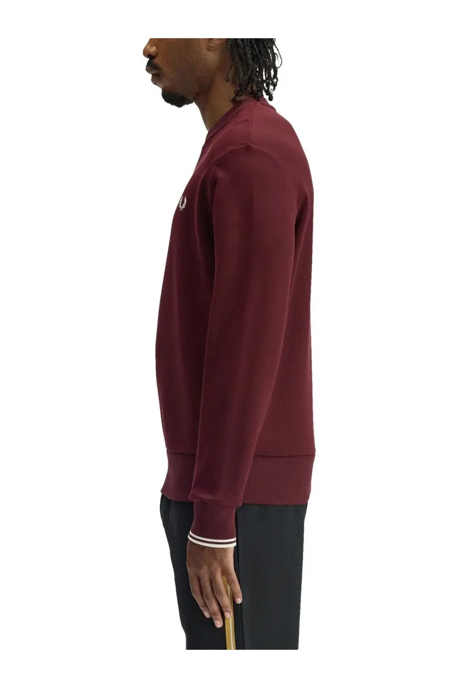 Fred Perry men’s maroon sweatshirt with white embroidered logo and ribbed cuffs in soft cotton material