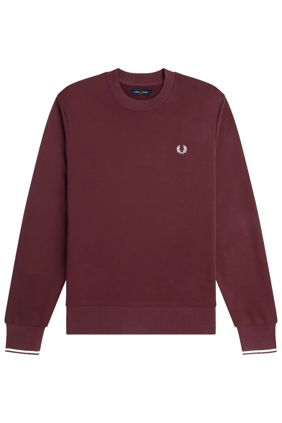 Fred Perry men’s maroon sweatshirt with white embroidered laurel wreath logo and contrasting white trim on cuffs and hem