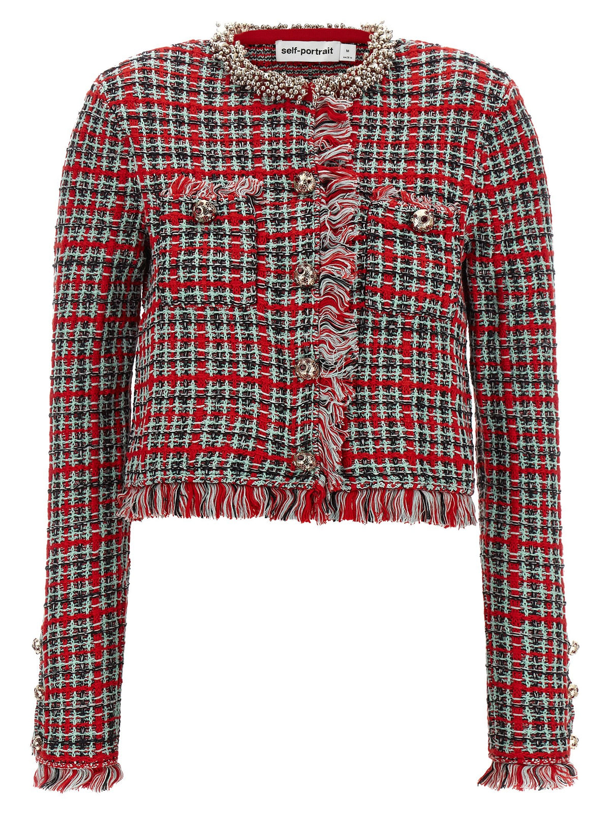 self-portrait Fringed Knit Jacket Red