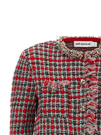 self-portrait Fringed Knit Jacket Red
