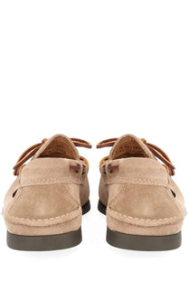 G.H. BASS men’s mocassino camp moc beige beige suede boat shoes with brown leather laces and dark rubber sole