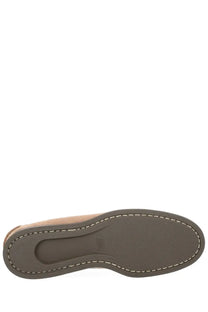 Gh bass men’s mocassino camp moc beige tan leather boat shoe with dark brown rubber sole and white stitching
