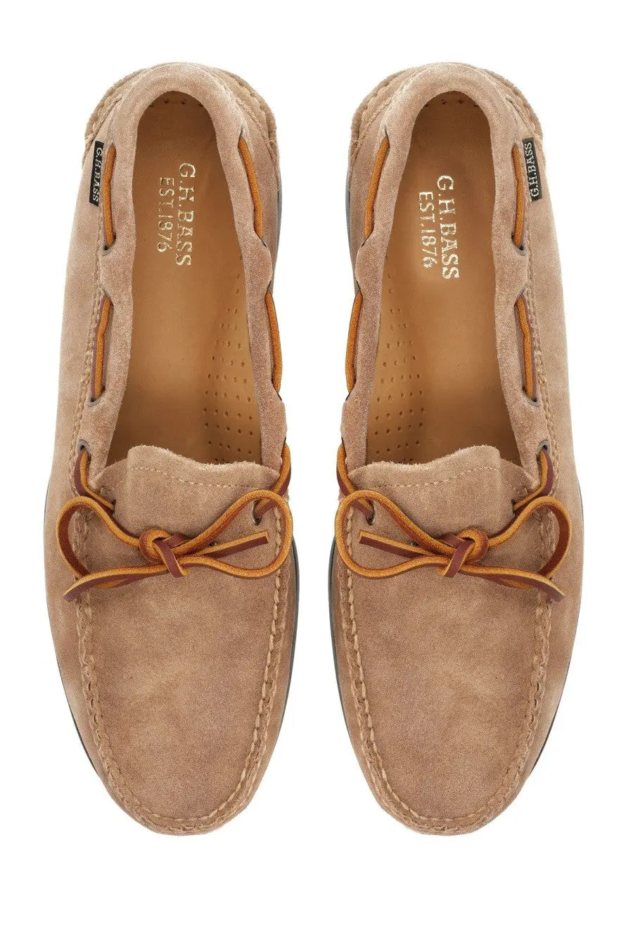 G.h. bass men’s mocassino camp moc beige tan suede boat shoes with tan leather laces and stitching