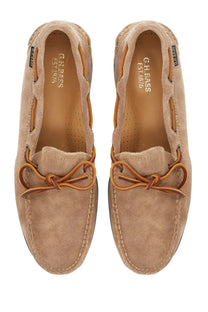 G.h. bass men’s mocassino camp moc beige tan suede boat shoes with tan leather laces and stitching