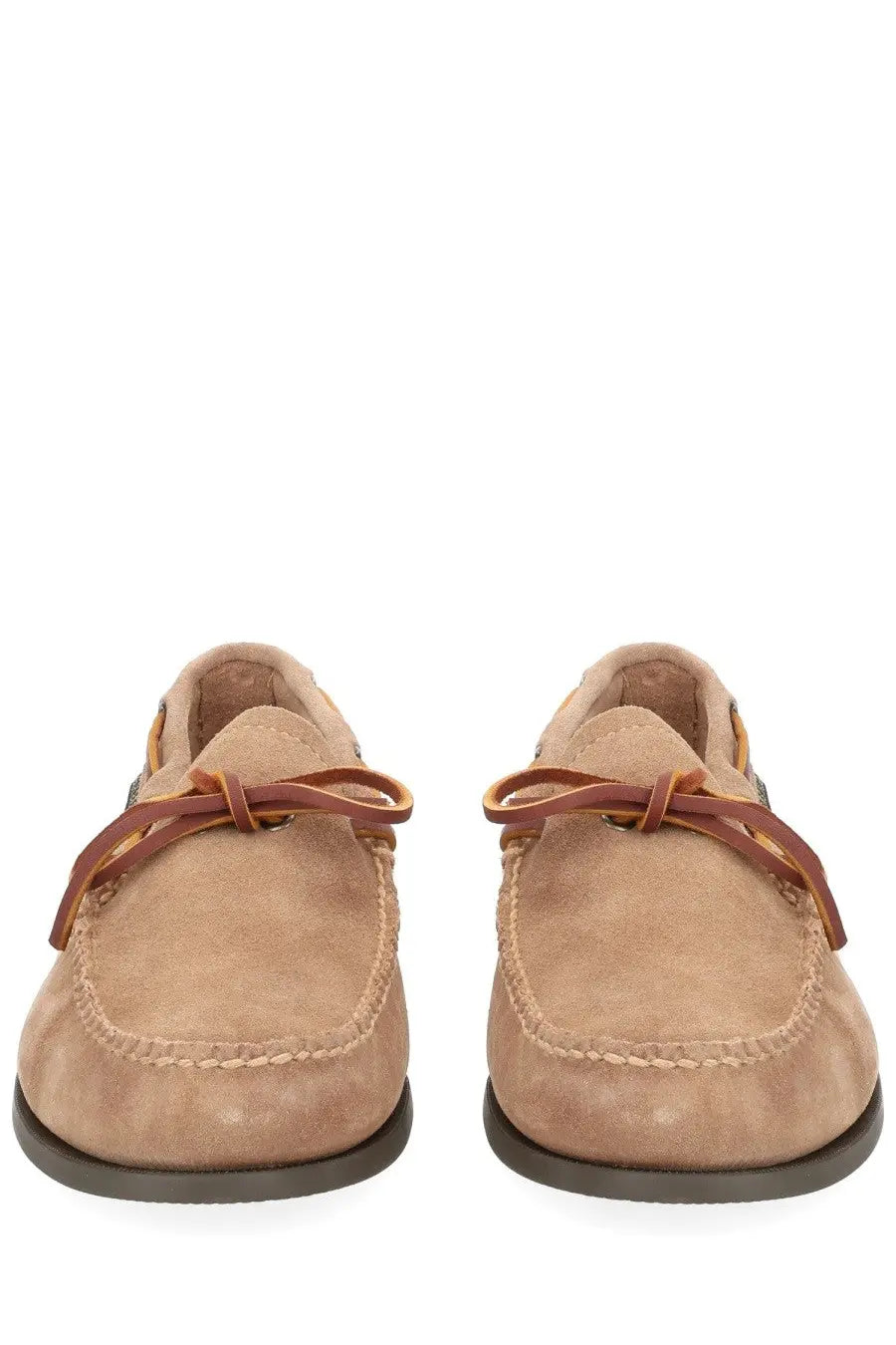 G.H. BASS men’s mocassino camp moc beige tan suede loafers with brown leather laces and stitched design